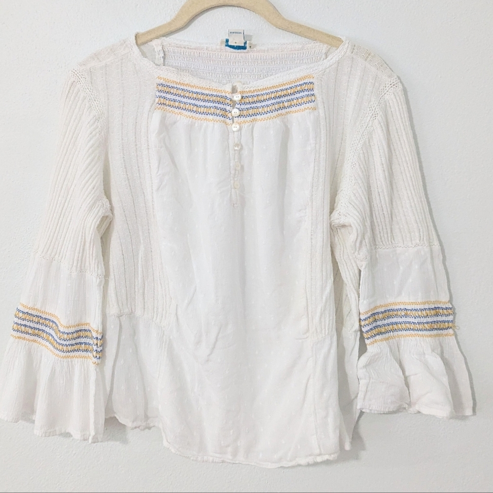 Sundance Peasant Top Bell Sleeve Embroidered Button Neck Ivory Medium M